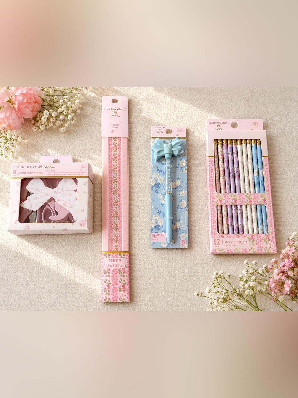 NWT 4 x LoveShackFancy x Target Yoobi 12 Pencils, Pen, Ruler, Ditsy Supply Kit